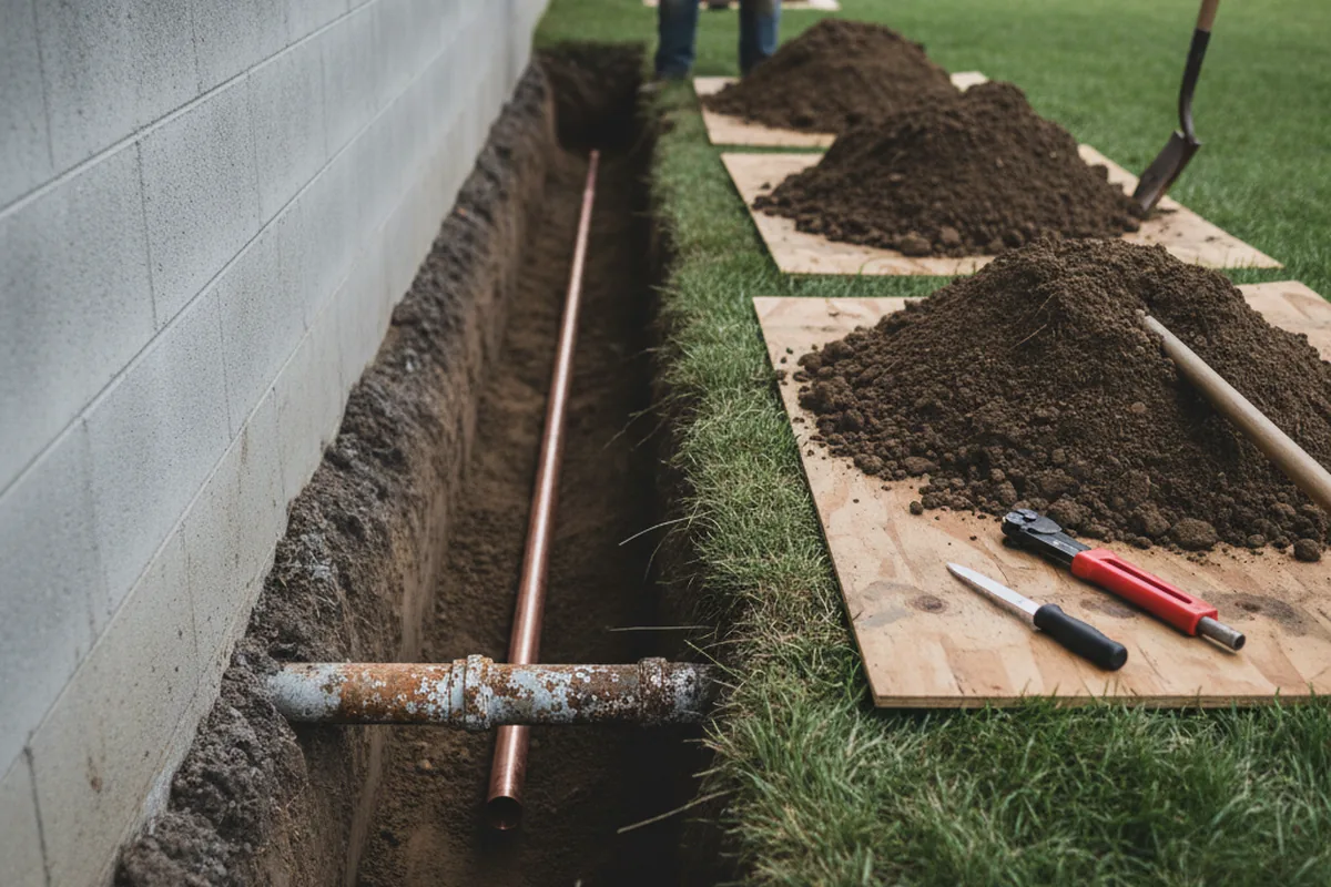 Excavated water line trench during Water Heater Repair in Ringwood